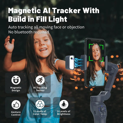 AI Tracking Phone Gimbal Stabilizer, 3-Axis Foldable Smartphone Gimbal with Focus Wheel for Iphone 15/14 Pro Max and Android, Travel and Selfie Accessory, Tech Gimbal
